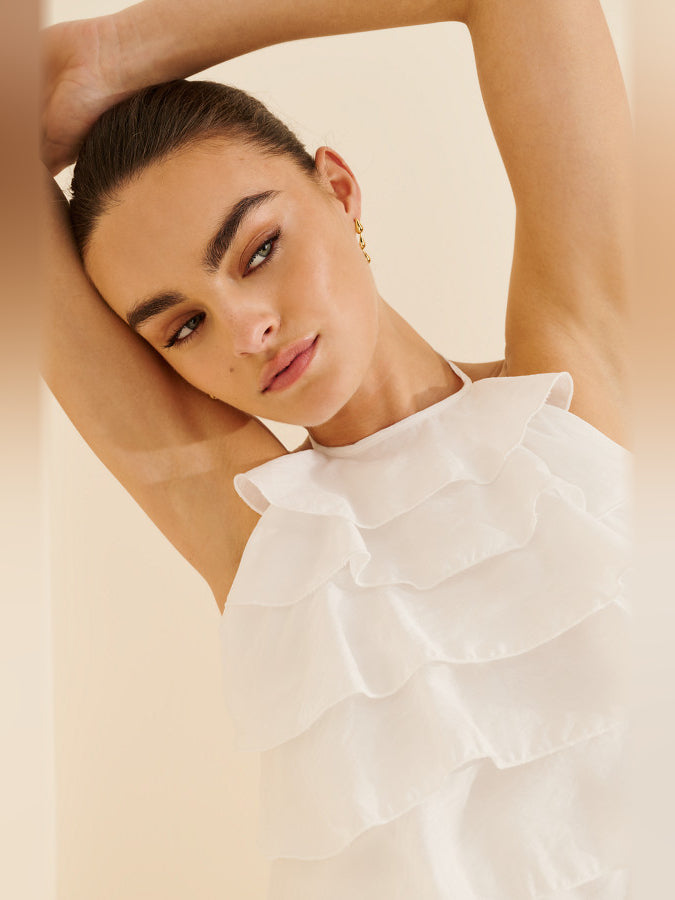 White mini homecoming dress, alternate view showing the overall dress design