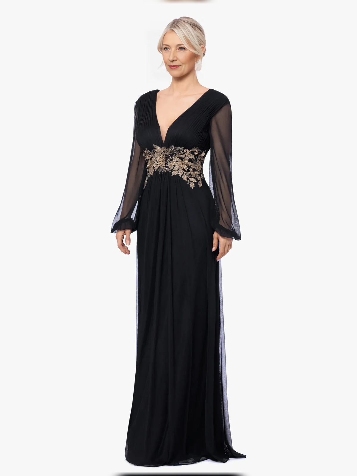 Black maxi mother of the bride dress, alternate view showing the overall dress design