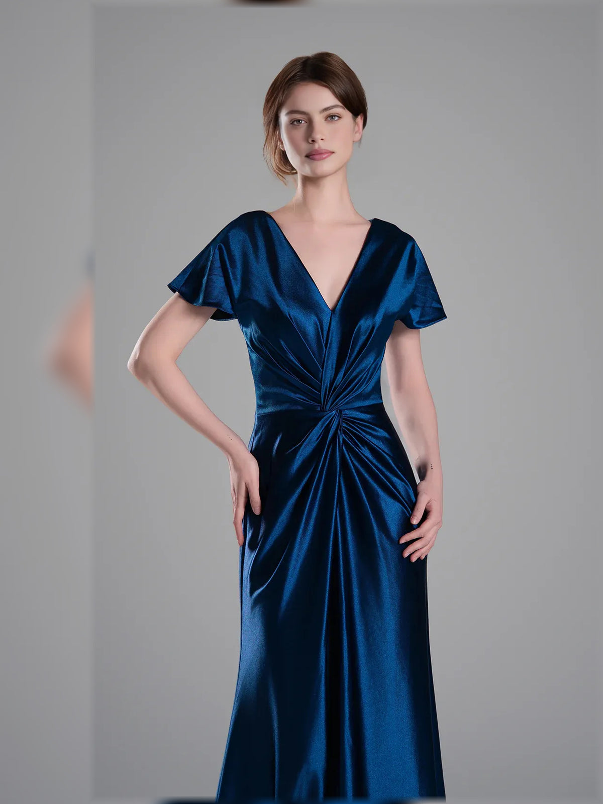 Navy Blue a-line maxi formal dress with V-neckline, alternate view showing the waist