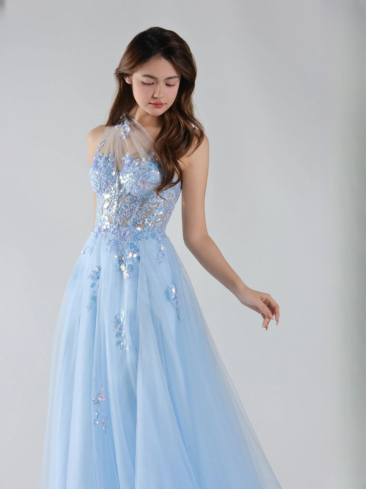 Light Blue maxi prom dress, alternate view showing the overall dress design