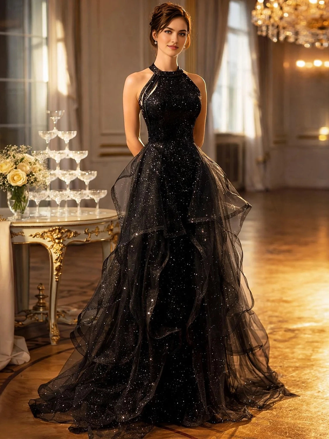 Black floor-length prom dress, alternate view showing the overall dress design