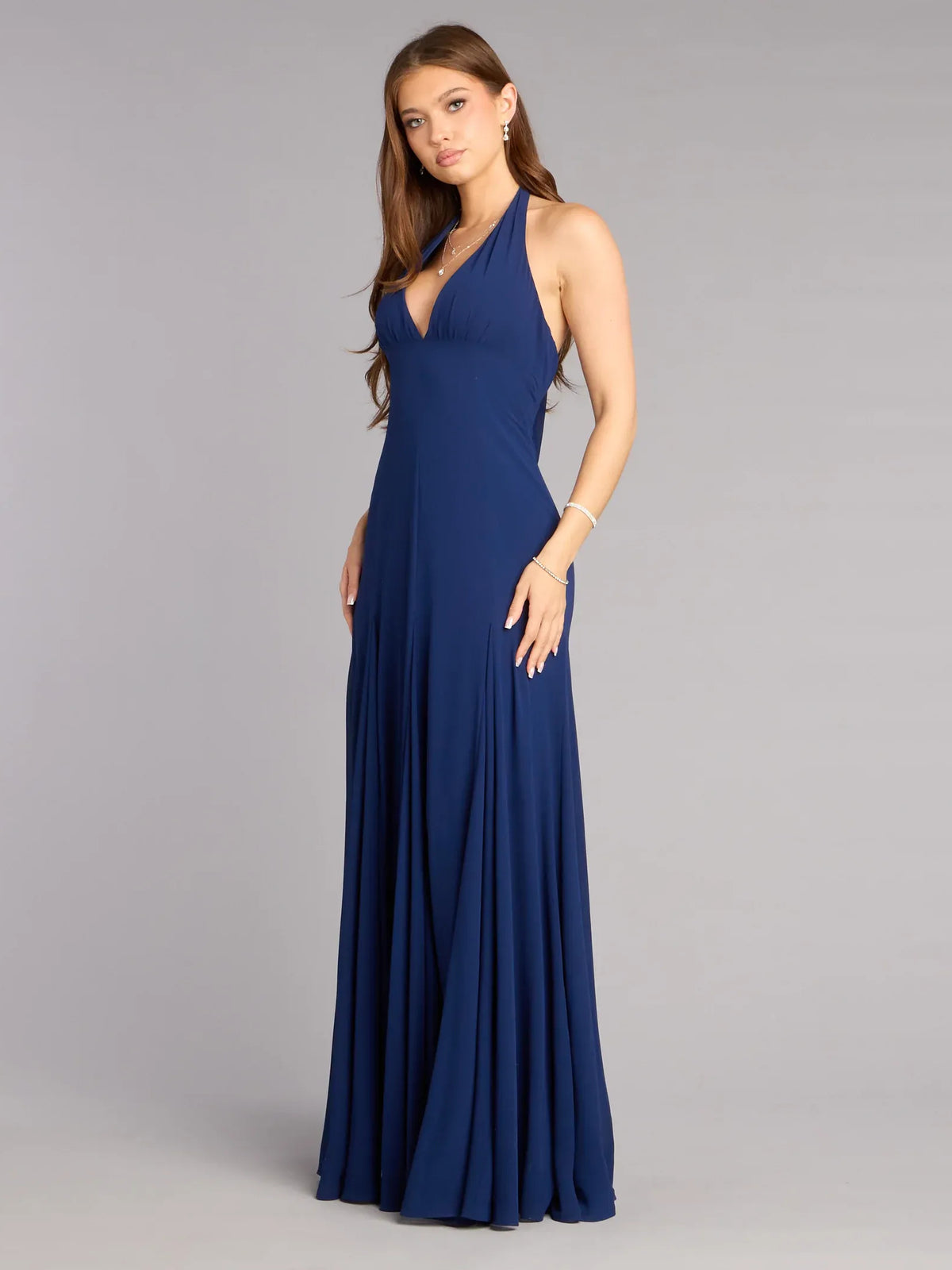 Dark Navy a-line floor-length formal dress with draping, alternate view showing the waist