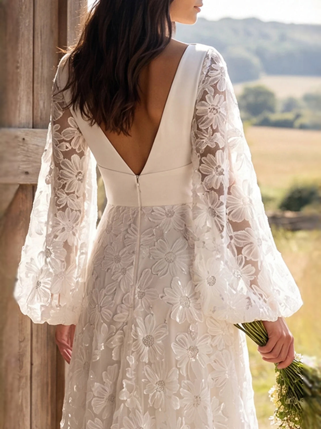 Ivory floor-length wedding dress, alternate view showing the overall dress design