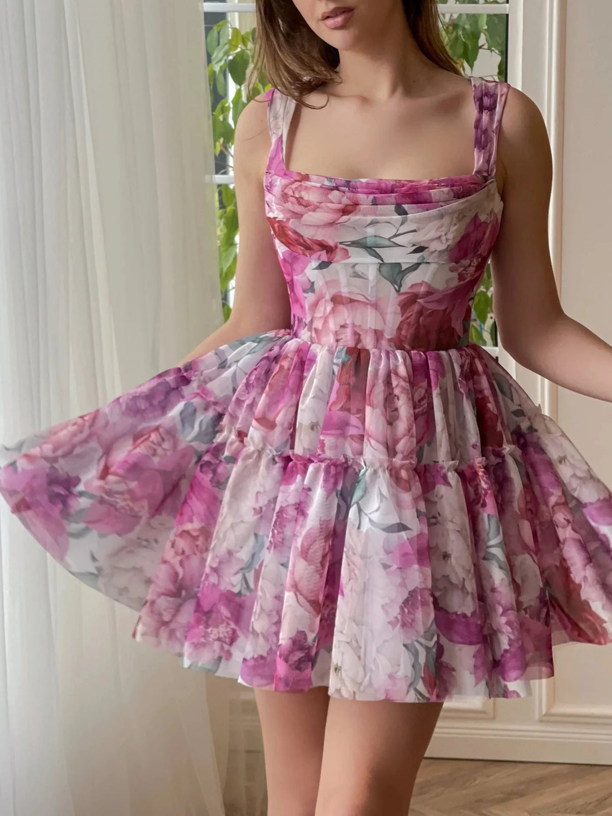 Floral mini homecoming dress, alternate view showing the overall dress design