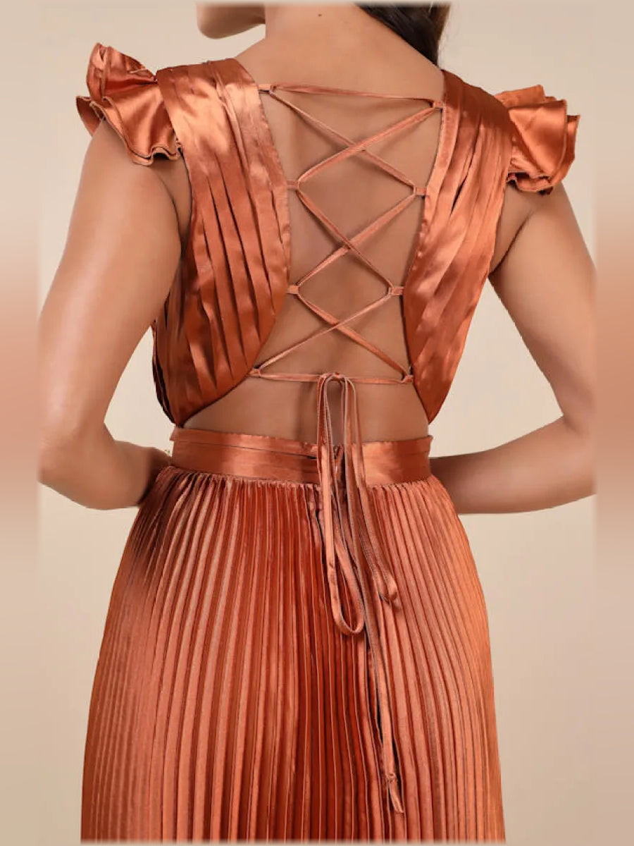 Burnt Orange a-line floor-length formal dress with ruffle details, alternate view showing the waist