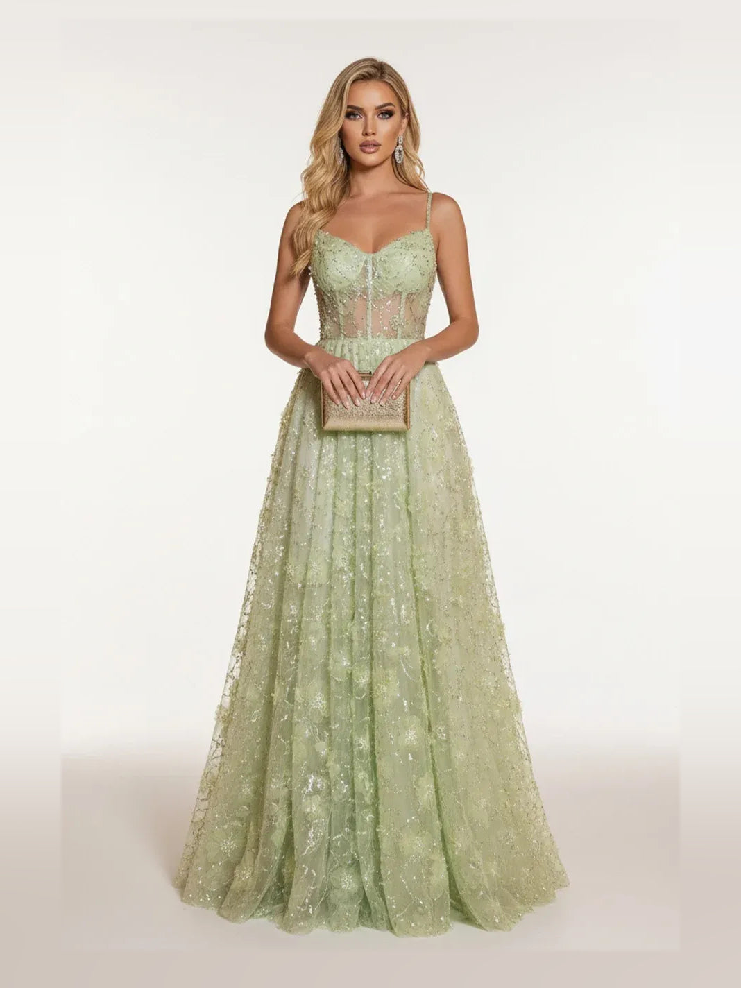 Mint Green maxi prom dress, alternate view showing the overall dress design