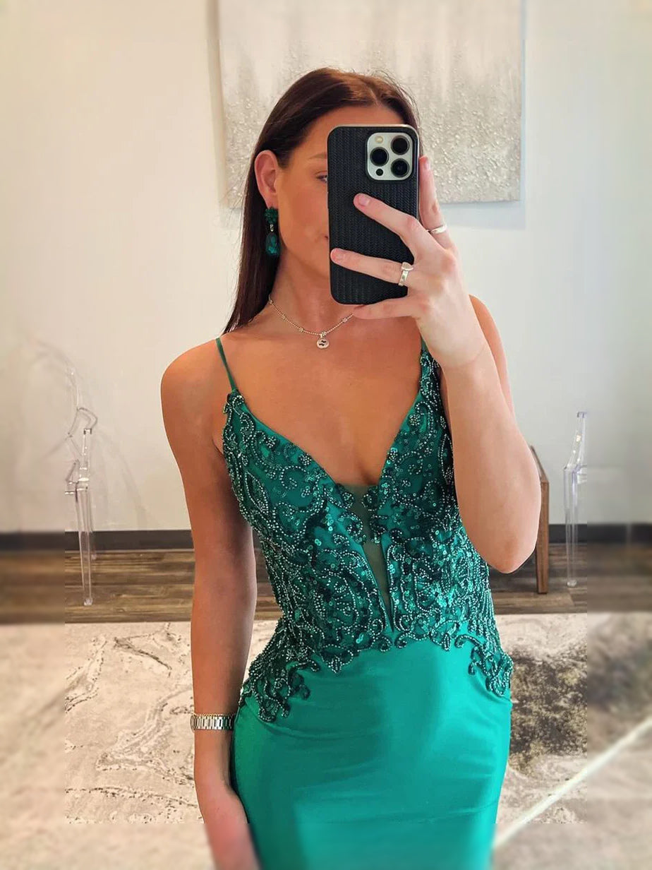 Emerald Green floor-length prom dress, back view showing the rear of the dress in an additional pose