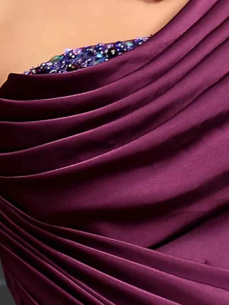 Plum mermaid floor-length formal dress with draping, alternate view