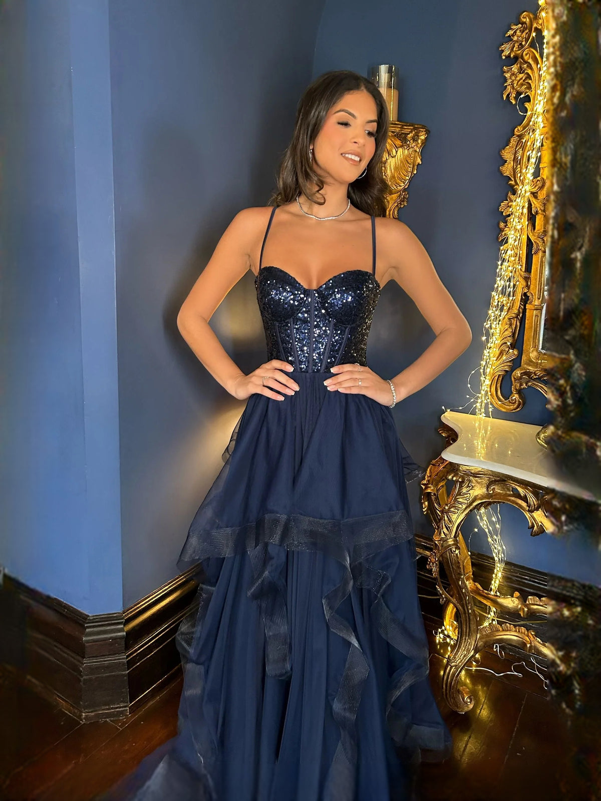 Dark Navy maxi prom dress, alternate view showing the overall dress design