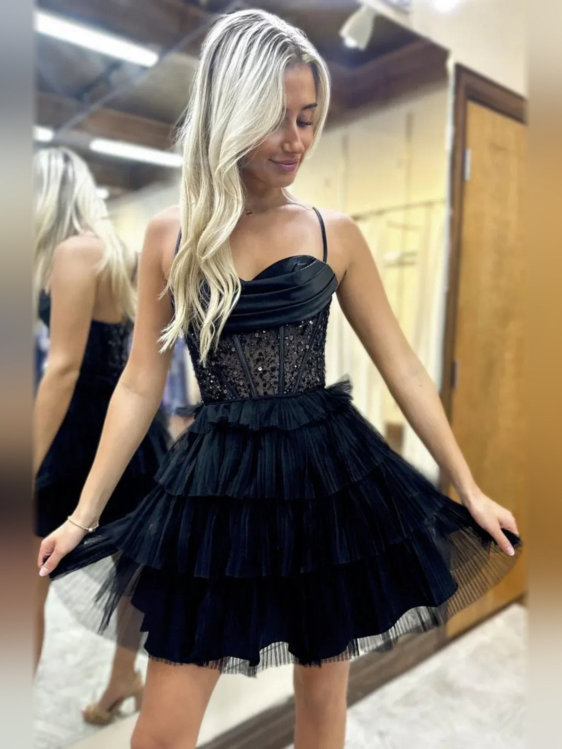 Black mini homecoming dress, alternate view showing the overall dress design
