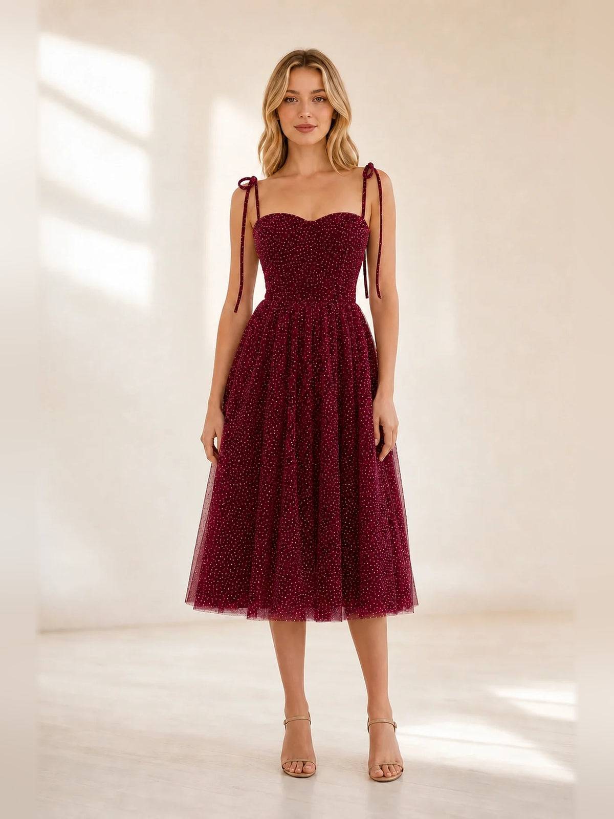 Burgundy midi homecoming dress, alternate view showing the overall dress design
