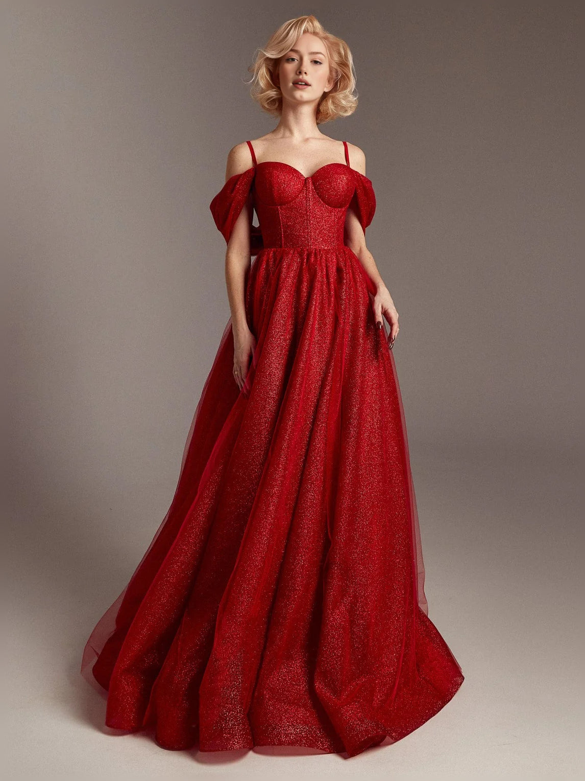 Red a-line floor-length formal dress with corset-style bodice, alternate view showing the waist