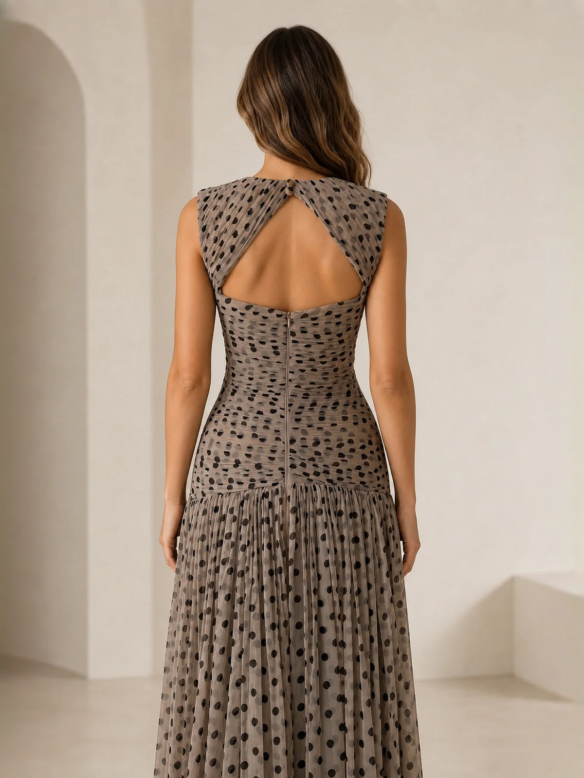 Taupe maxi prom dress, alternate view showing the overall dress design
