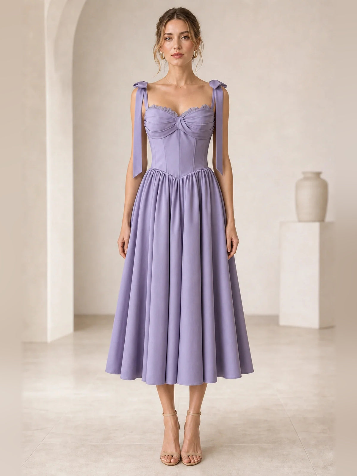 Lilac midi homecoming dress, alternate view showing the overall dress design