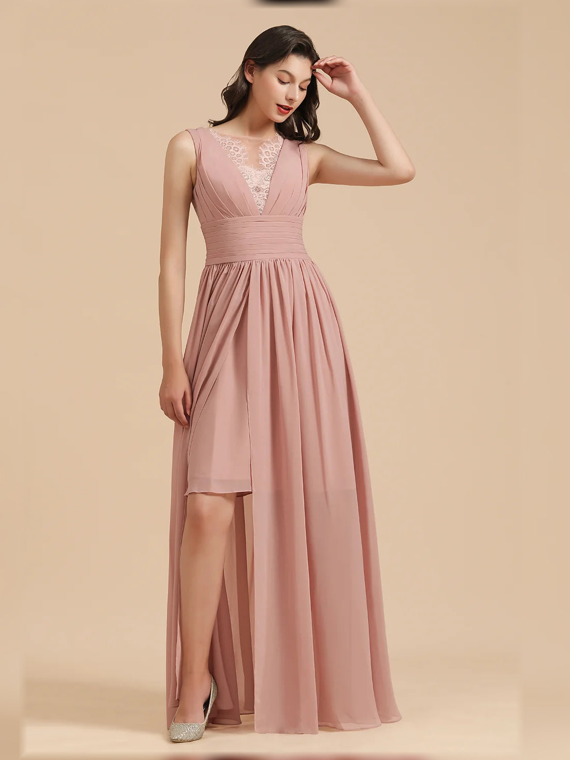 Pearl Pink maxi bridesmaid dress, alternate view showing the overall dress design