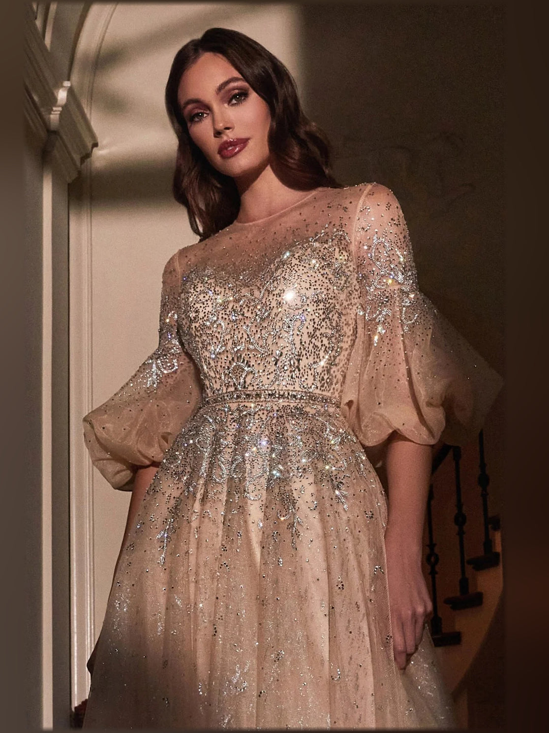 Champagne a-line floor-length formal dress with beading, alternate view showing the waist
