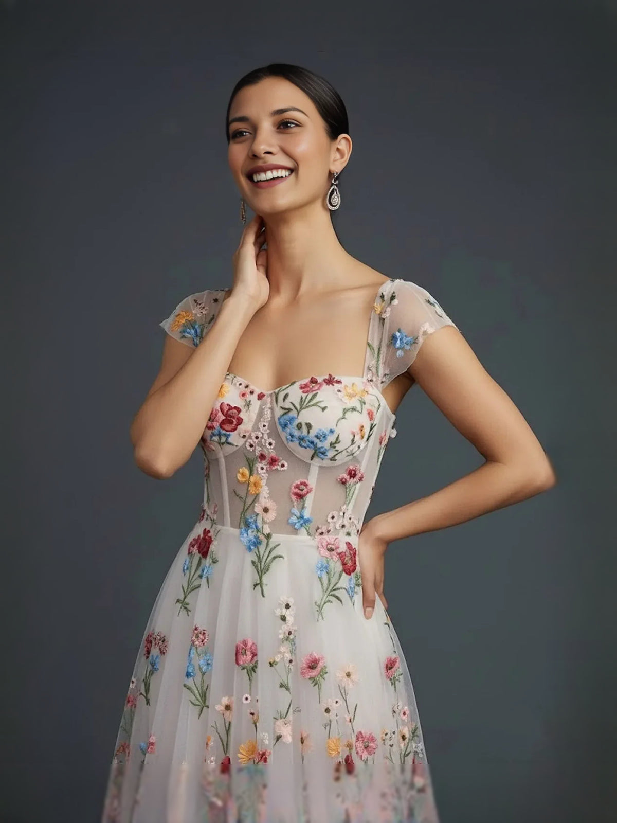 Floral tea-length prom dress, alternate view showing the overall dress design