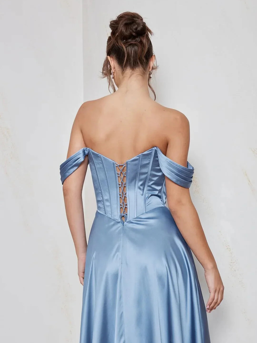 Steel Blue a-line floor-length formal dress with corset-style bodice, alternate view showing the waist