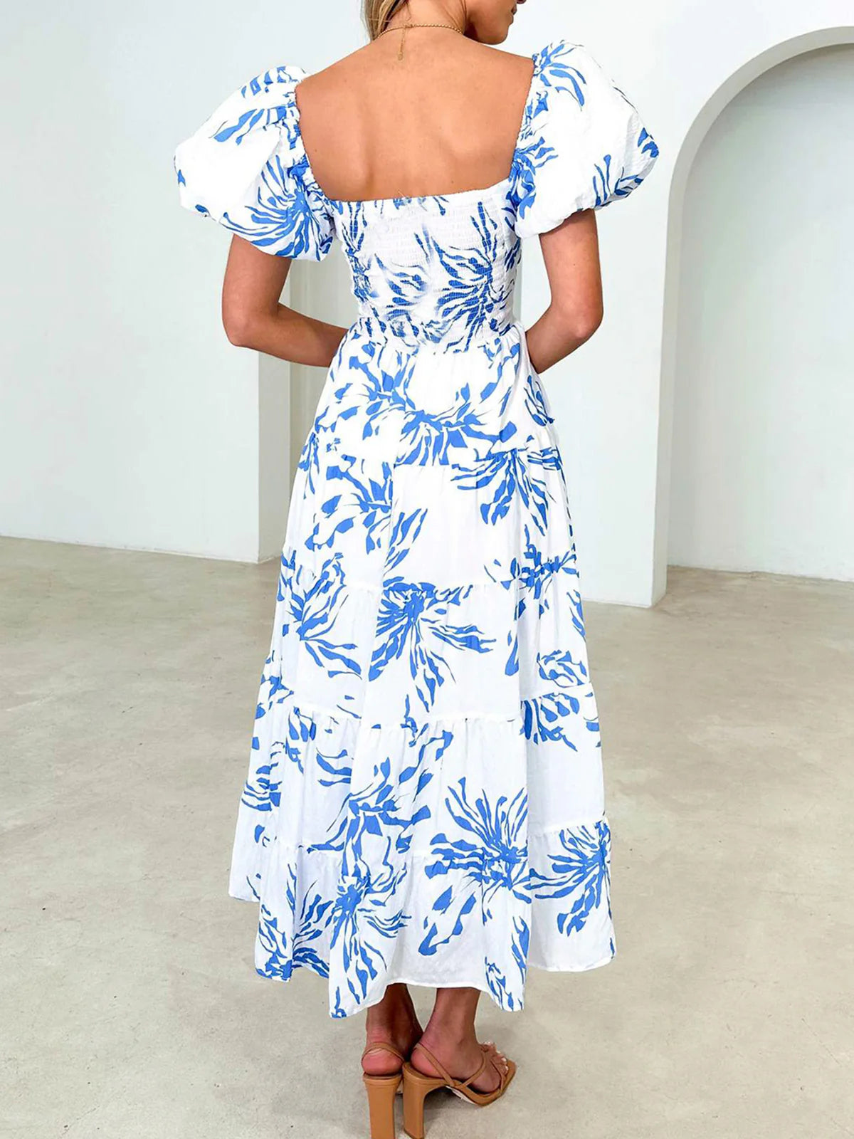 Blue midi formal dress, alternate view showing the waist