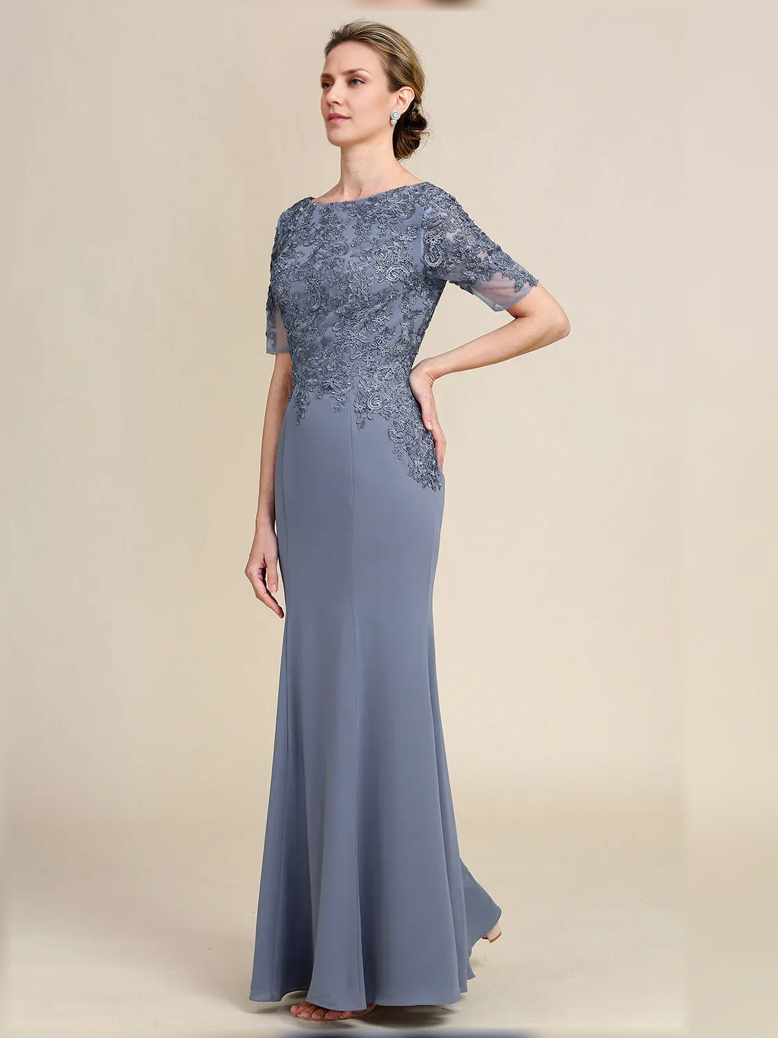 Dusty Blue maxi mother of the bride dress, alternate view showing the overall dress design