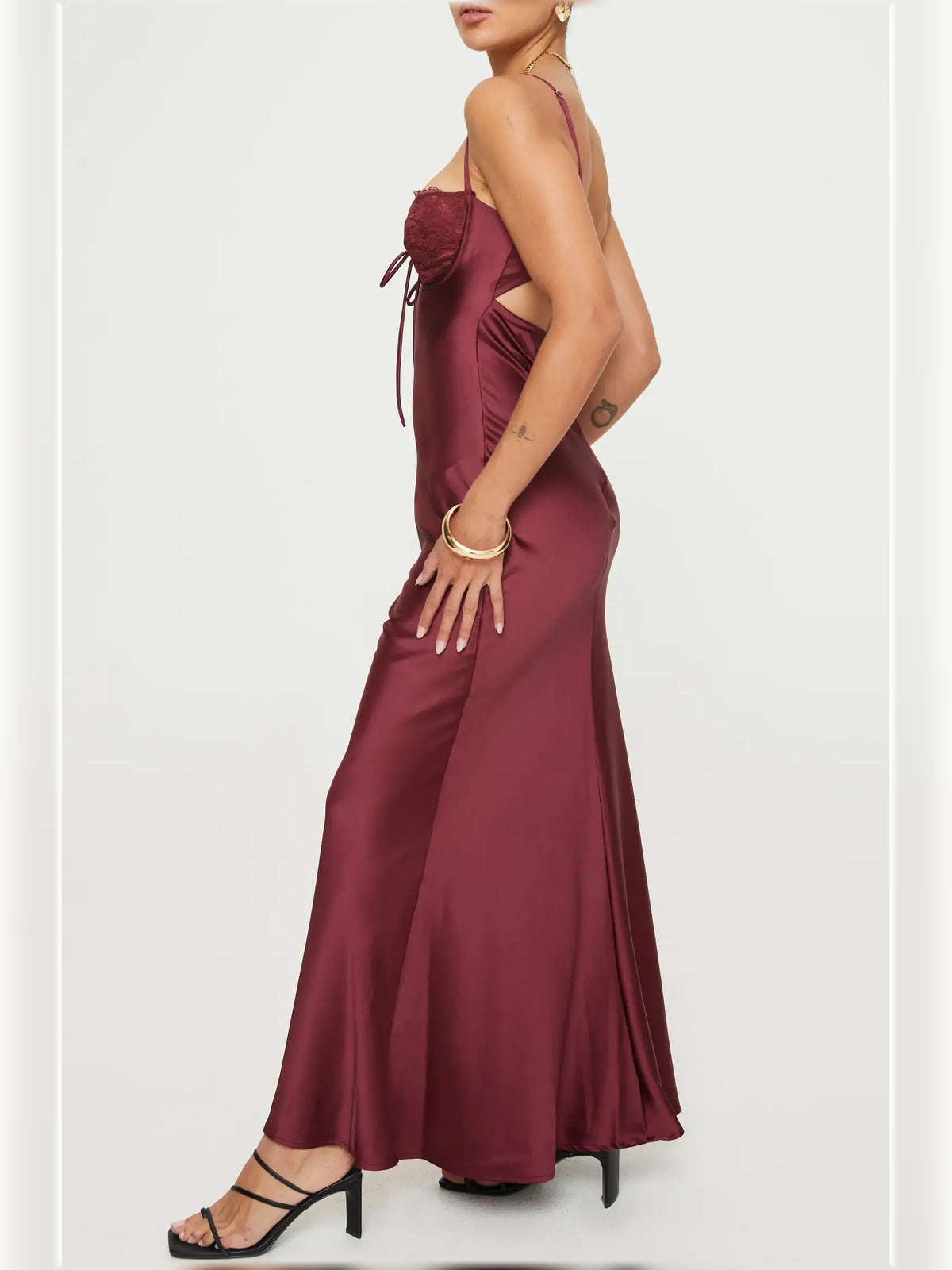 Dark Red bodycon floor-length formal dress with cutout detail, alternate view showing the waist