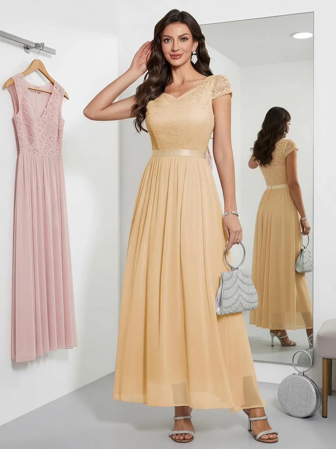 Champagne floor-length prom dress, alternate view showing the overall dress design