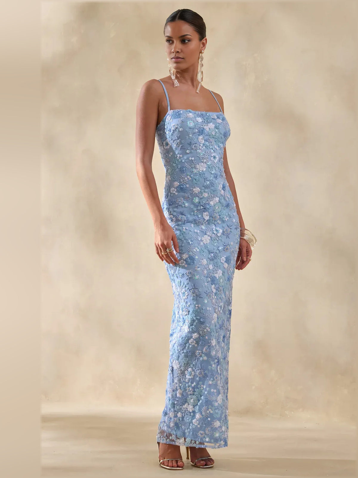 Blue sheath floor-length formal dress with skirt slit, alternate view showing the waist