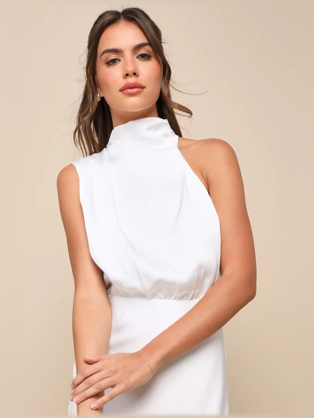 White midi formal dress, alternate view showing the waist