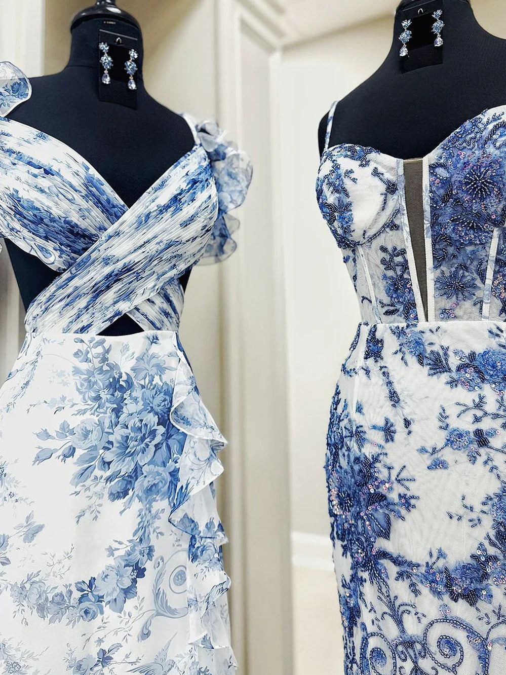 Blue high-low prom dress, close view of the dress design in an additional pose