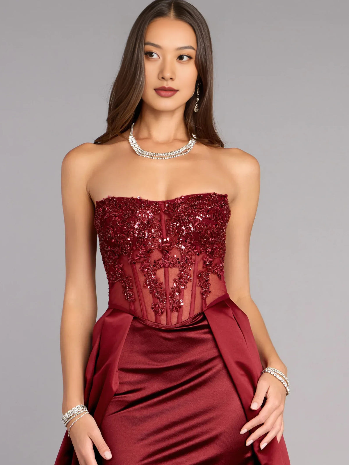 Burgundy a-line mini formal dress with skirt slit, alternate view