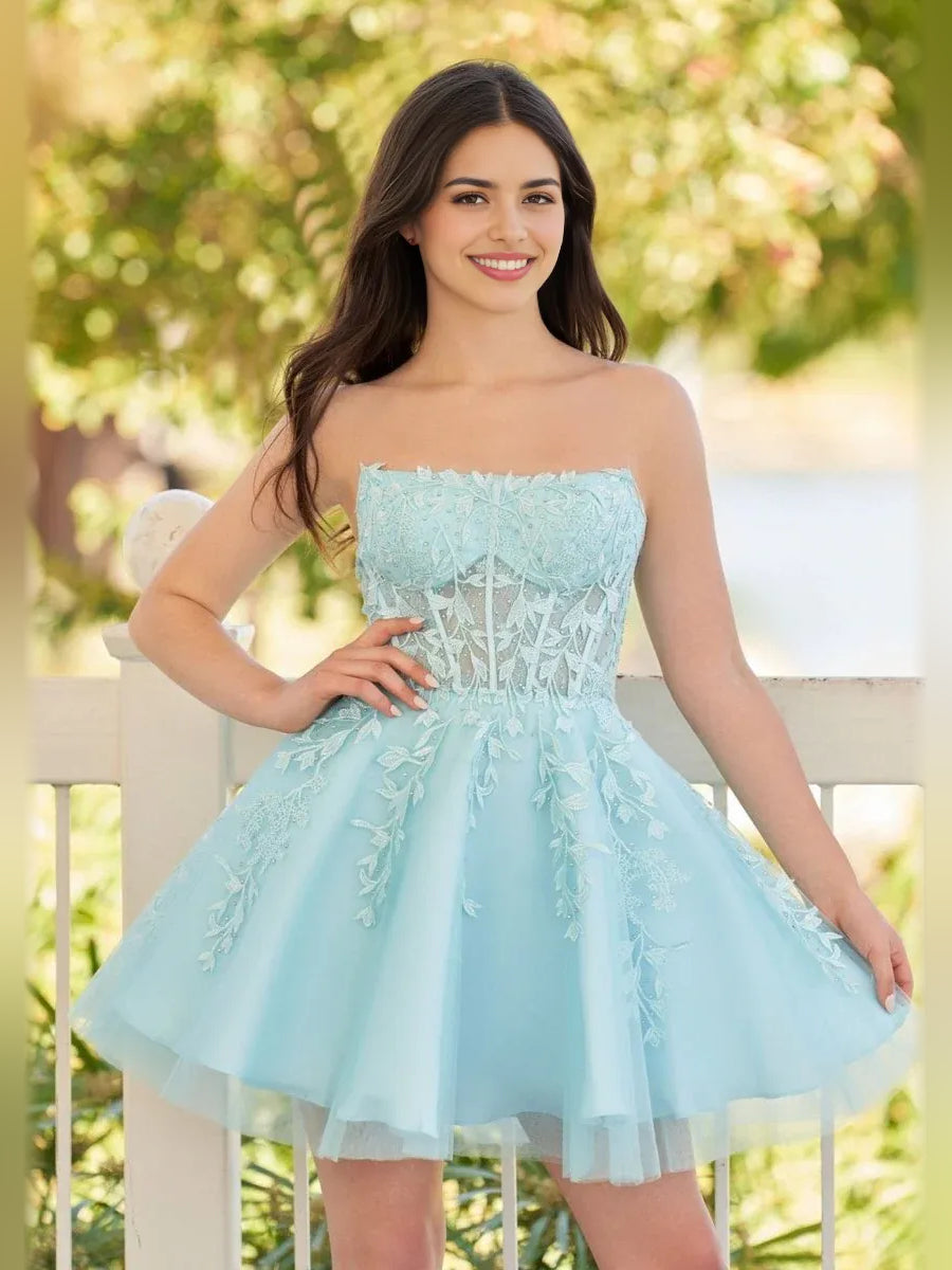Baby Blue mini homecoming dress, alternate view showing the overall dress design