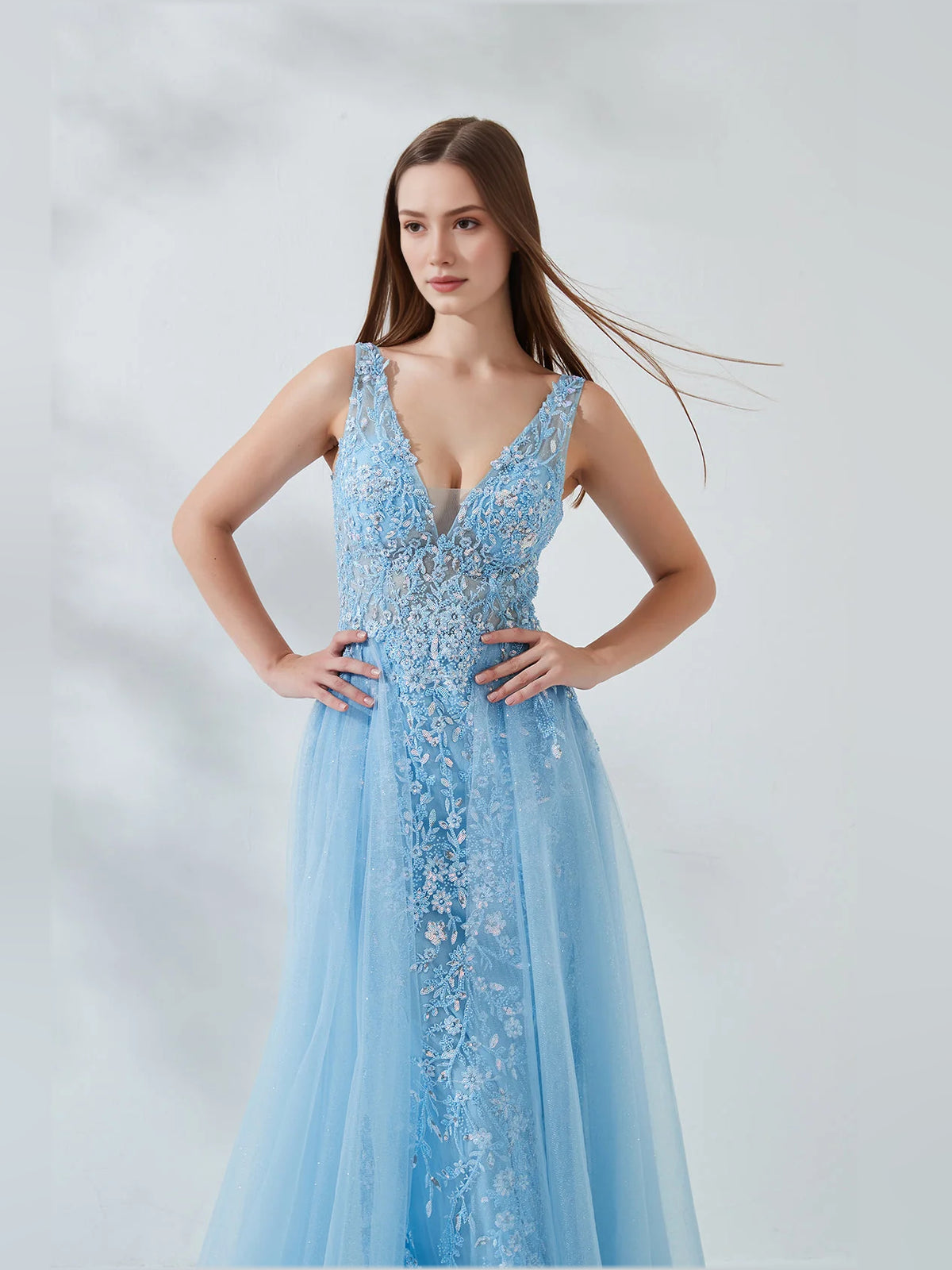 Light Blue maxi prom dress, alternate view showing the overall dress design