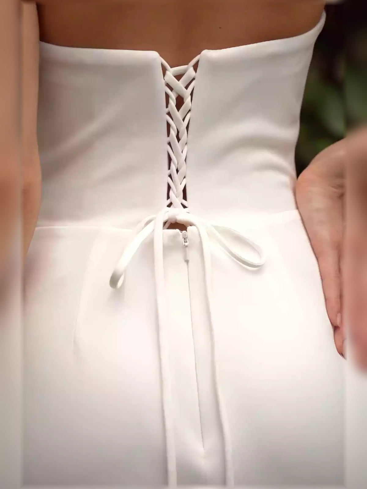White mermaid floor-length formal dress with draping, alternate view showing the waist