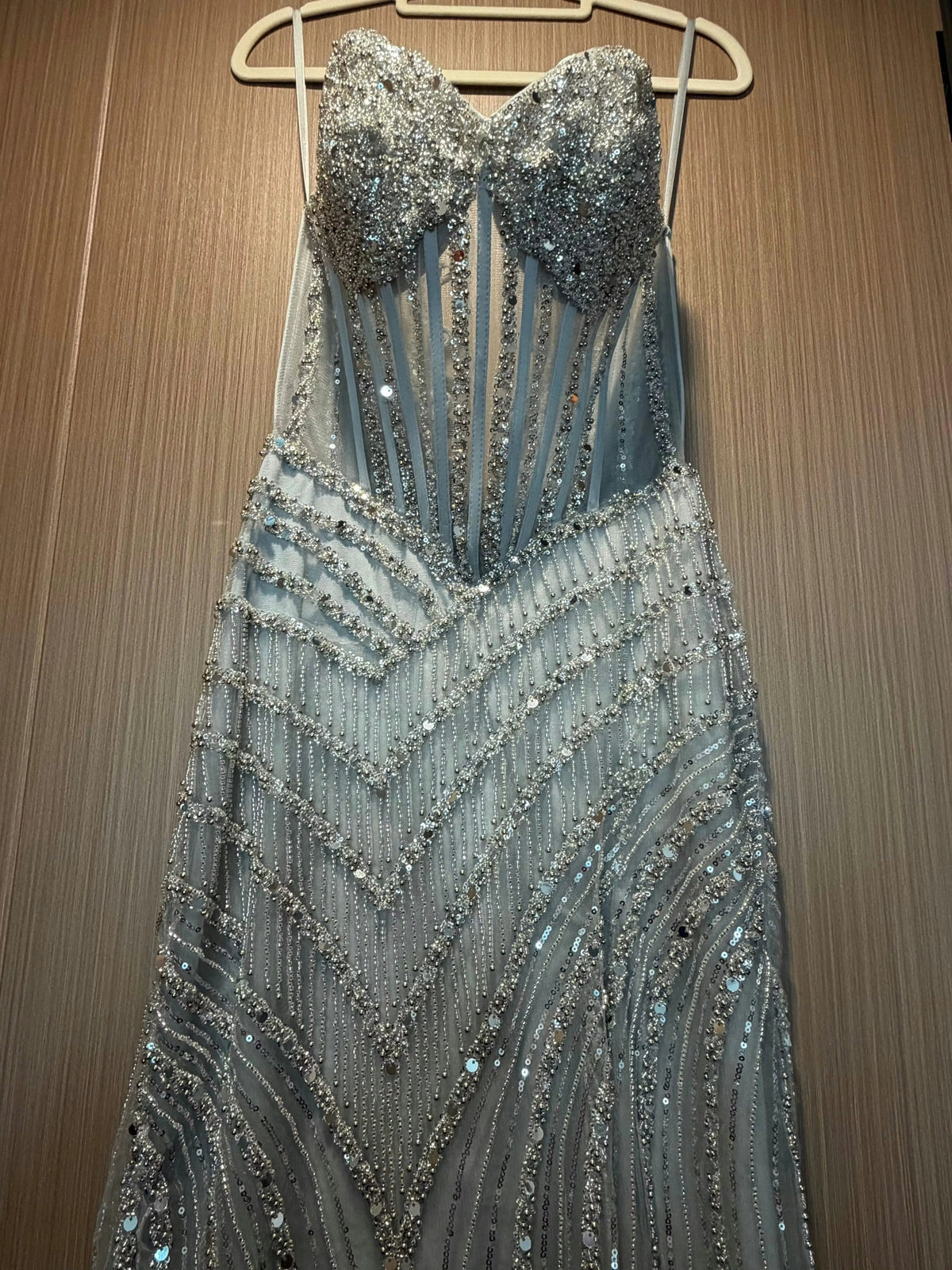 Silver mermaid floor-length formal dress with beading, alternate view showing the skirt