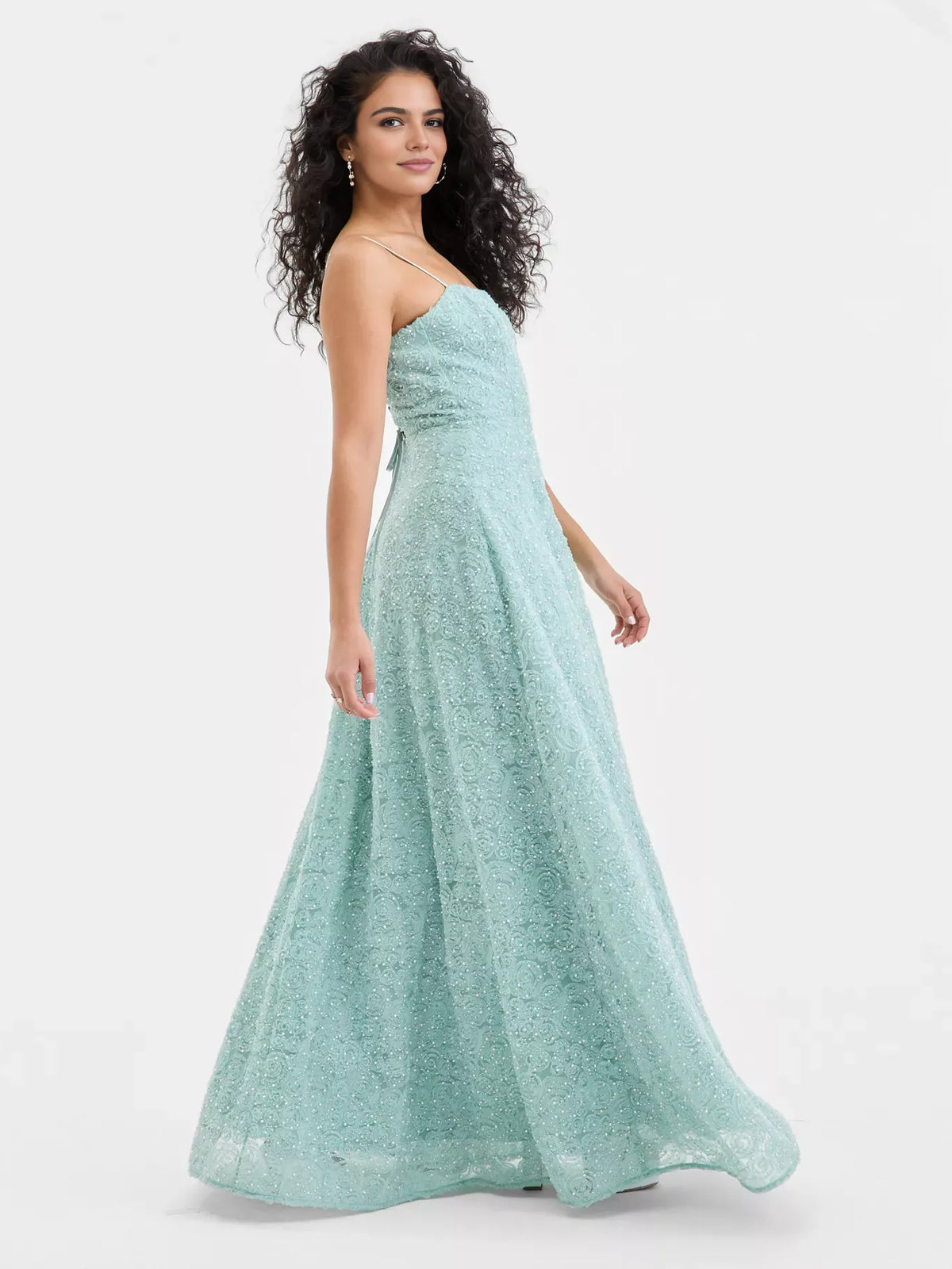 Mint Green maxi prom dress, alternate view showing the skirt and hem