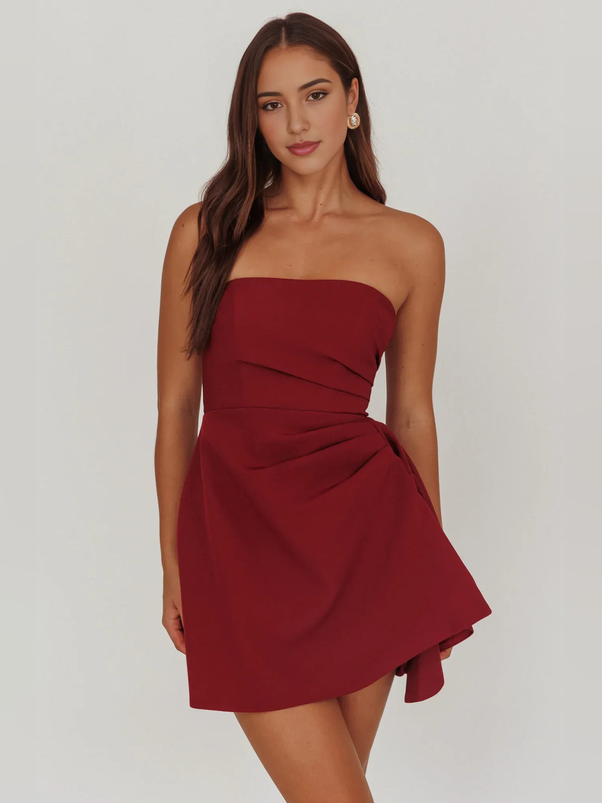 Wine mini homecoming dress, alternate view showing the skirt and hem