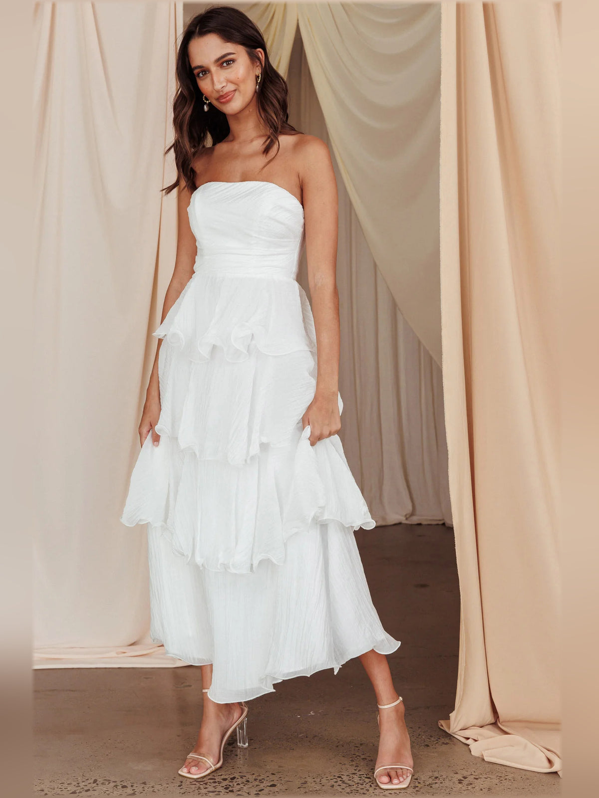 Off White midi formal dress with strapless neckline, alternate view showing the skirt