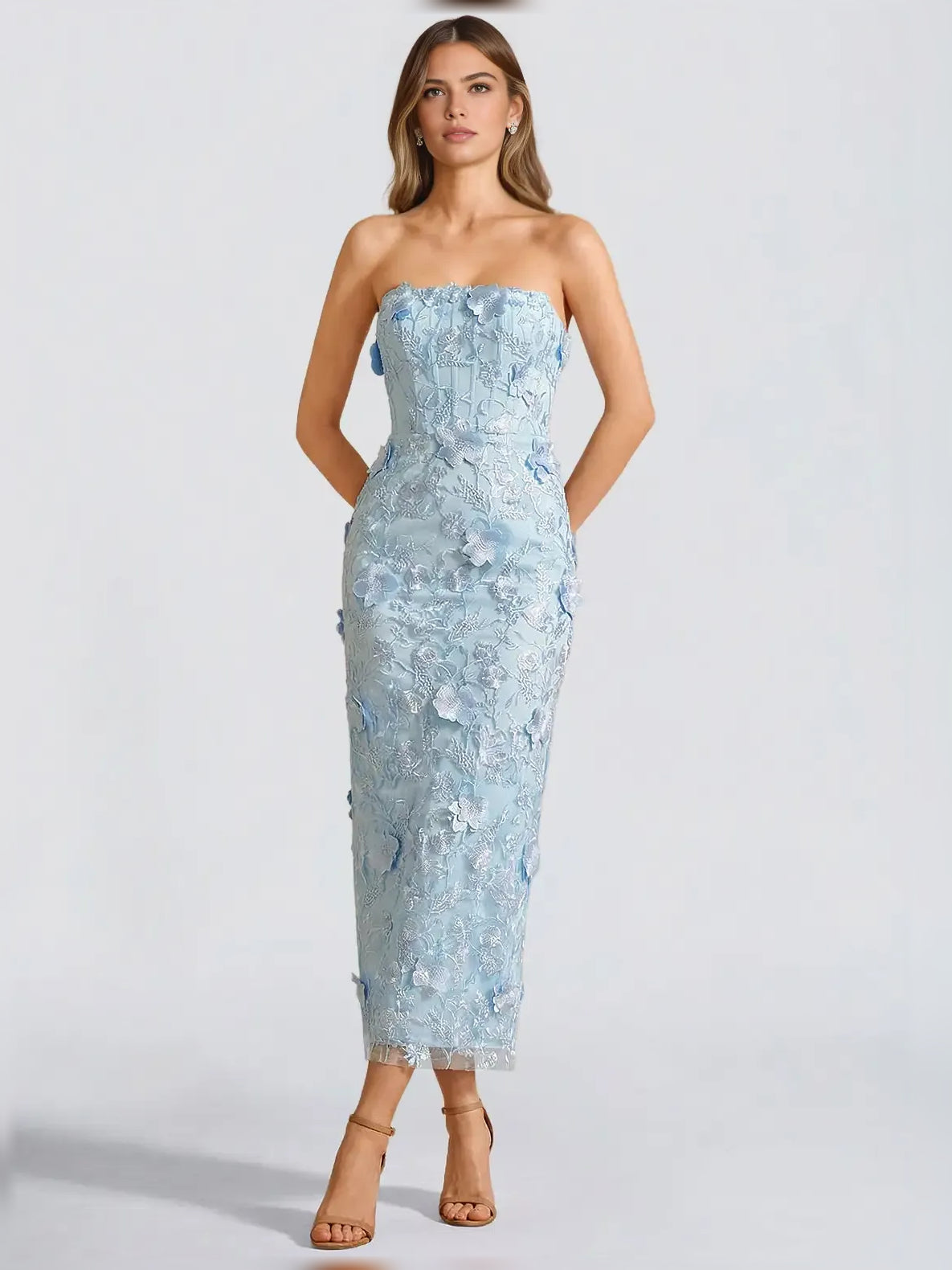 Sky Blue mermaid midi formal dress with floral print, alternate view