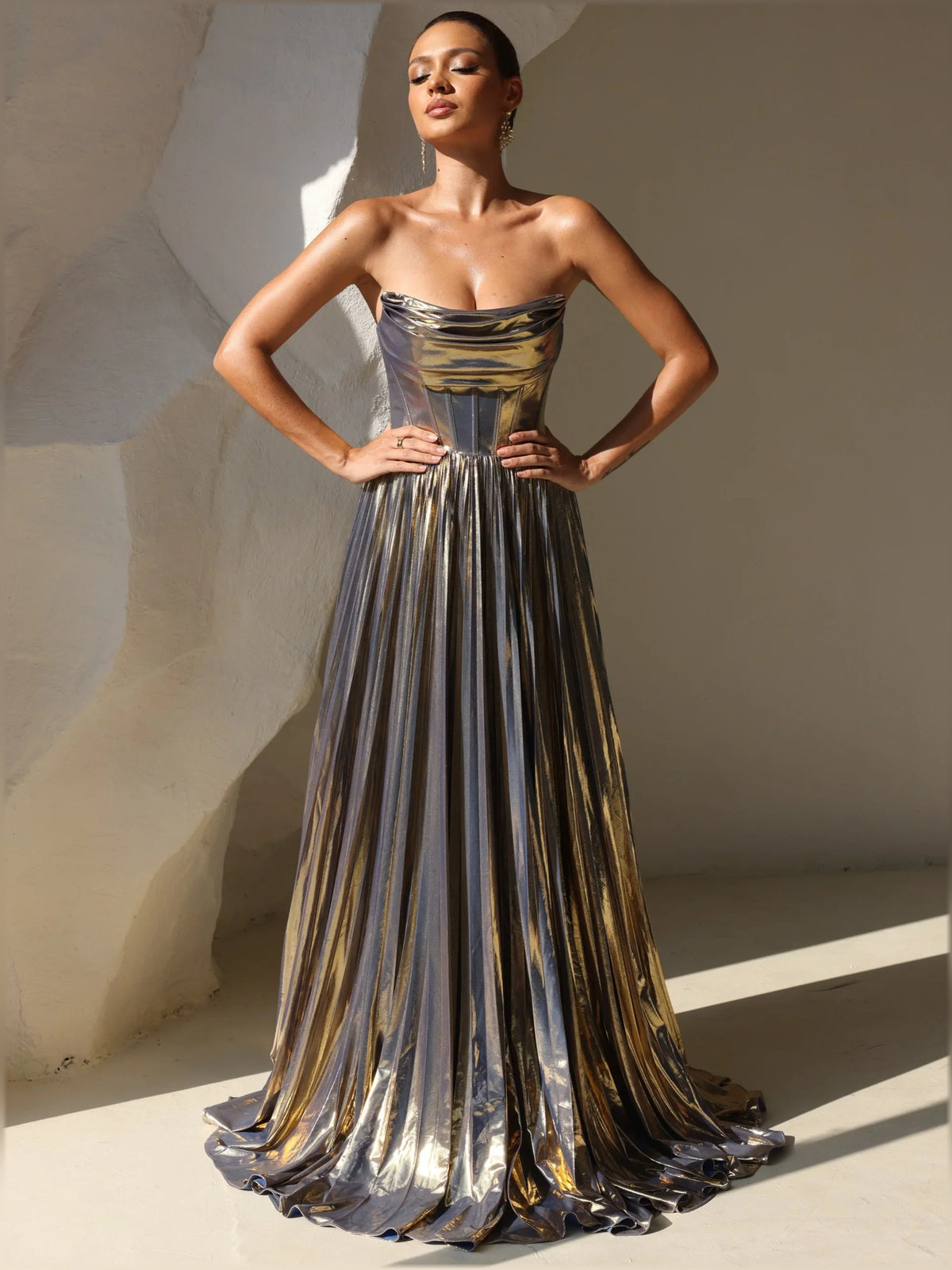Gold a-line floor-length formal dress with pleated skirt, alternate view showing the skirt