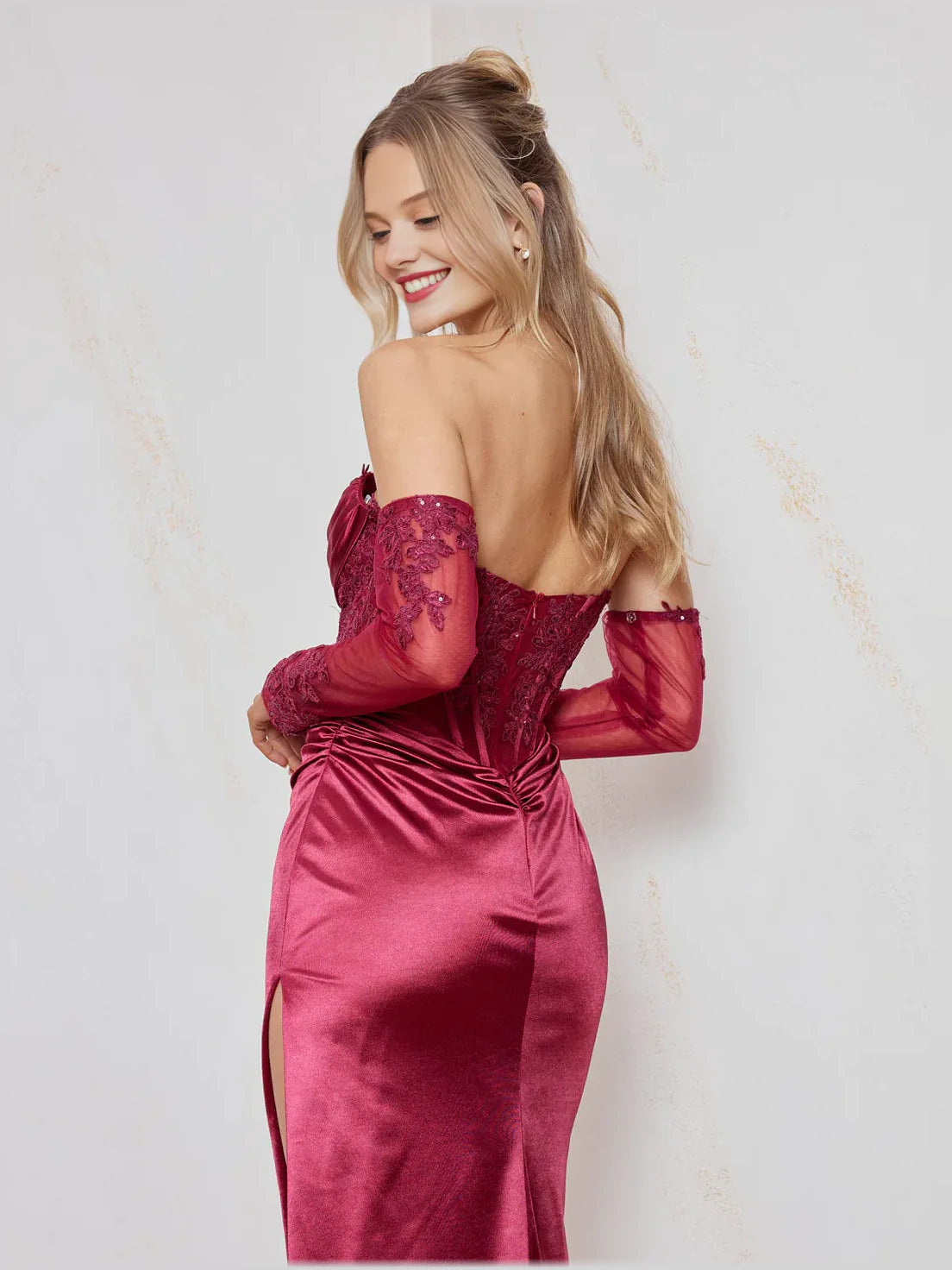 Cherry sheath floor-length formal dress with skirt slit, alternate view showing the skirt