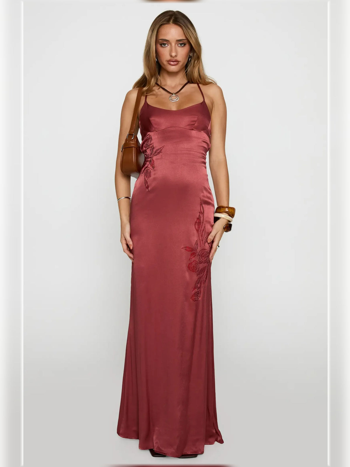 Red mermaid floor-length formal dress with floral print, alternate view