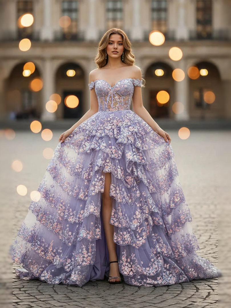Lilac floor-length prom dress, alternate view showing the skirt and hem