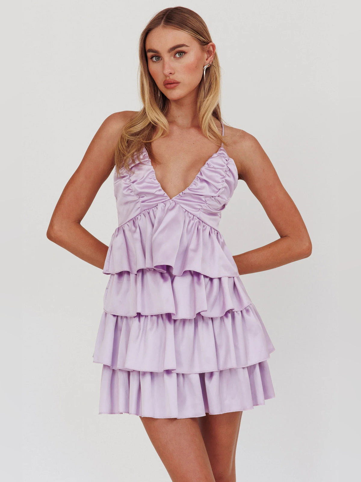 Lilac mini homecoming dress, alternate view showing the skirt and hem