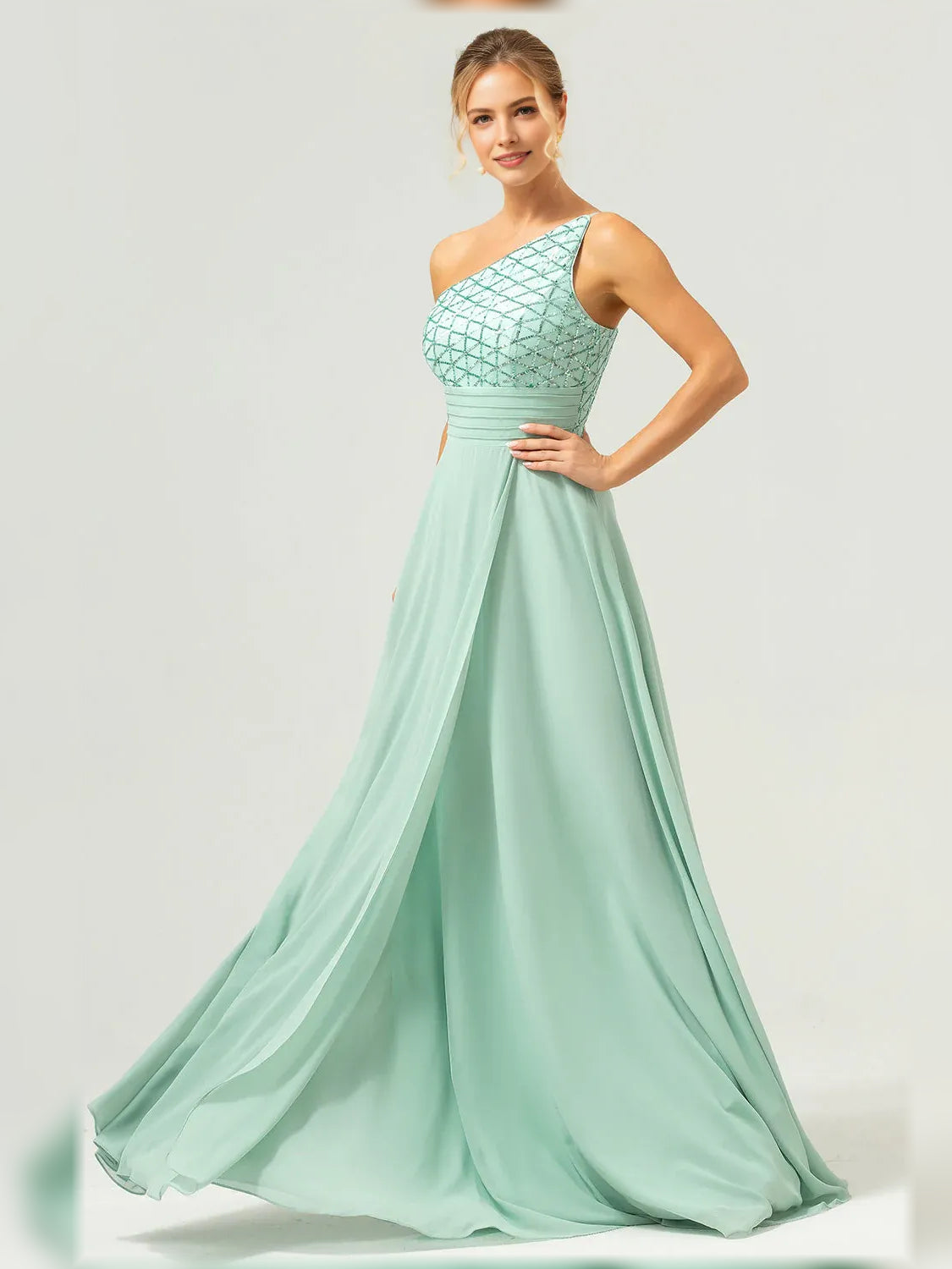 Mint Green a-line floor-length formal dress with pleated skirt, alternate view showing the skirt
