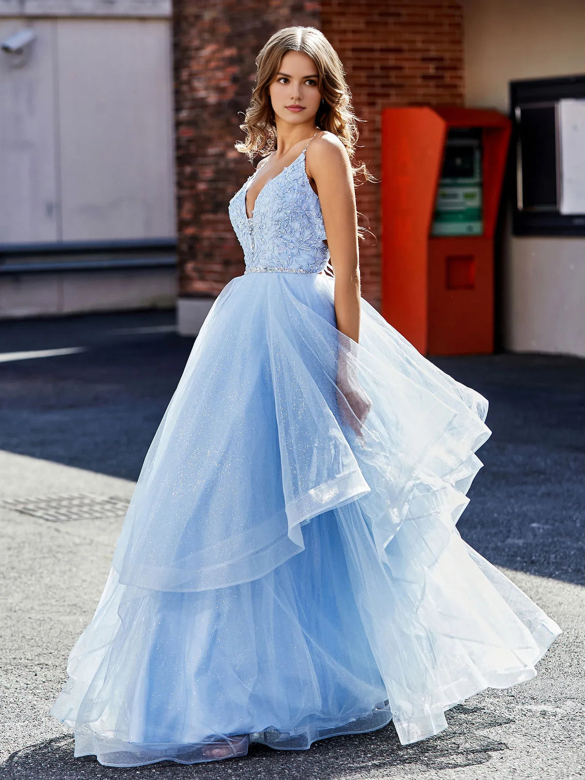 Sky Blue floor-length prom dress, alternate view showing the skirt and hem