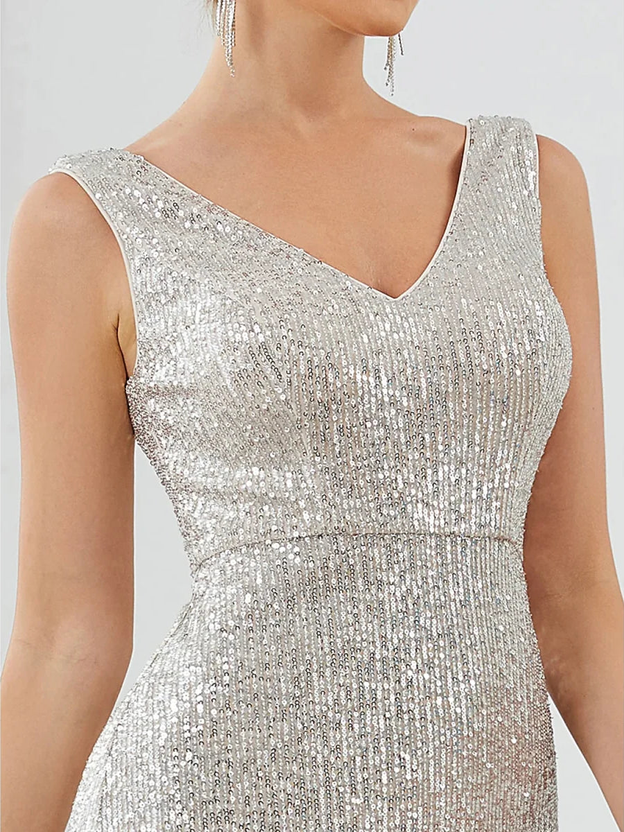 Silver a-line floor-length formal dress with sequins, alternate view showing the skirt