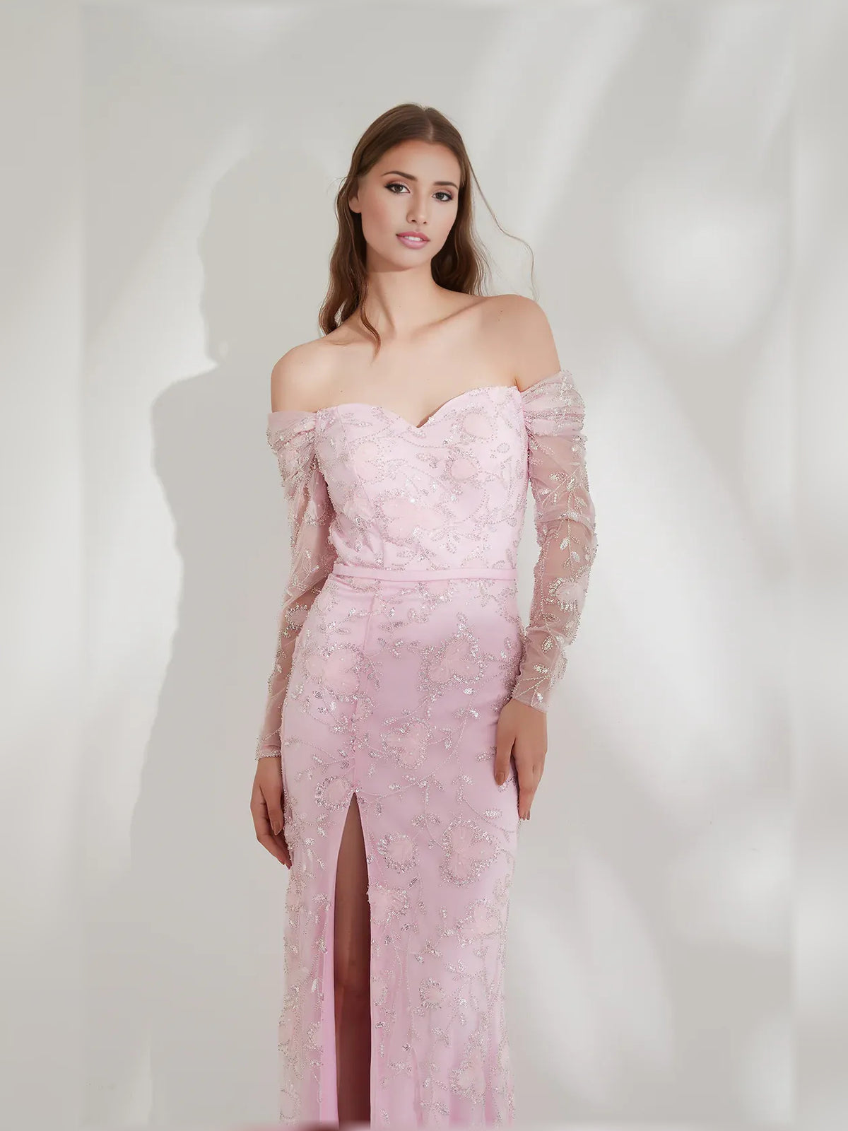 Blush Pink mermaid floor-length formal dress with skirt slit, alternate view showing the skirt