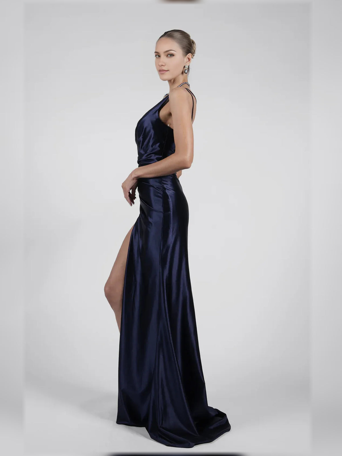 Navy Blue mermaid floor-length formal dress with ruching, alternate view showing the skirt
