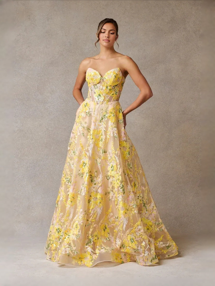 Yellow floor-length prom dress, alternate view showing the skirt and hem