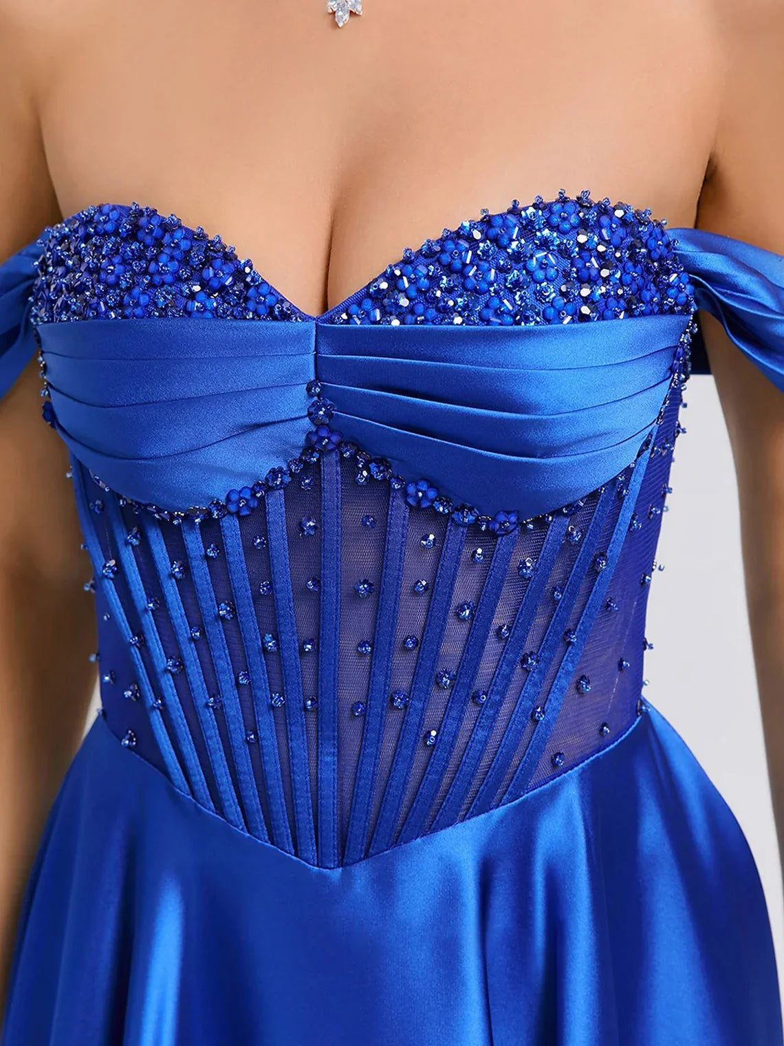 Cobalt Blue knee-length homecoming dress, alternate view showing the skirt and hem